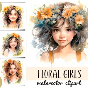 Ragazze dell'acquerello con clipart di fiori - donna carina con un bouquet di carta digitale - illustrazione di fiori selvatici - ghirlanda di fiori - ritratto di ragazza