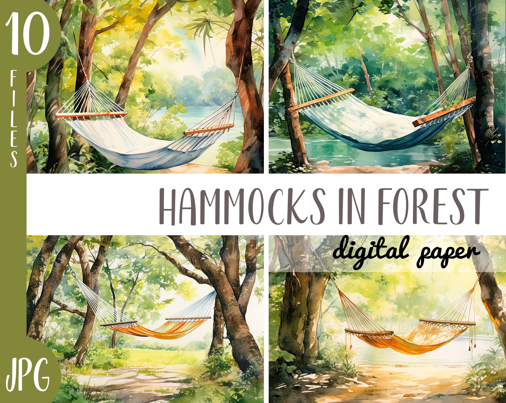 Watercolor hammocks in the forest clipart - outdoor recreation digital paper - camping, pond, river, hammock, forest, trees-forest landscape