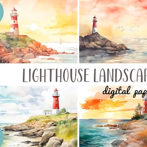 Paysages à l'aquarelle avec un clipart phare - papier numérique phare rouge au bord de la mer - coucher de soleil, soleil, mouettes, clipart mer romance-marine
