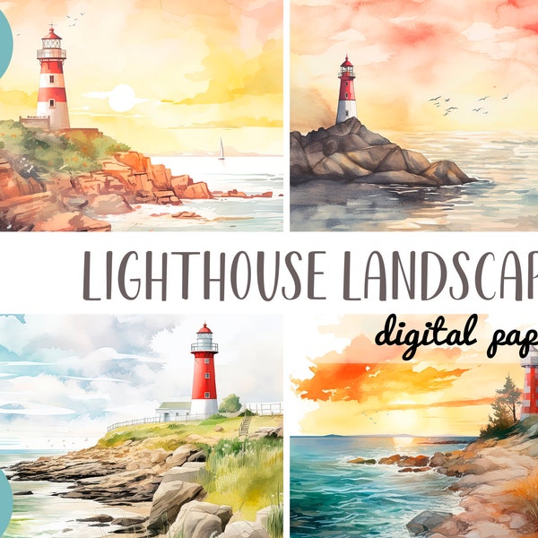Watercolor landscapes with a lighthouse clipart - red lighthouse by the sea digital paper -sunset, sun, seagulls, sea romance-marine clipart