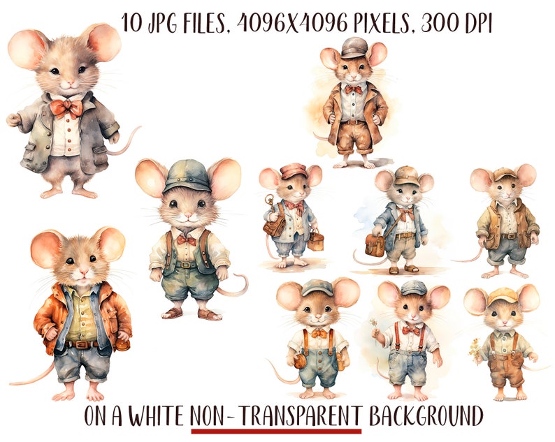 Watercolor Vintage Mice Clipart: Retro Mouse Illustration (Digital Download) image 2