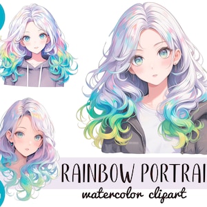 Clipart anime ragazza capelli arcobaleno acquerello - carta digitale dai colori pastello brillanti - illustrazioni delicate in anime arcobaleno carini in stile giapponese