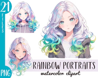 Watercolor Anime Girl Clipart: Rainbow Hair Portraits (Digital Download)