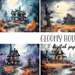 Imágenes prediseñadas de casa sombría de acuarela - papel digital de casa aterradora de Halloween - ilustración gráfica de mansión abandonada con paisaje nocturno - casa embrujada