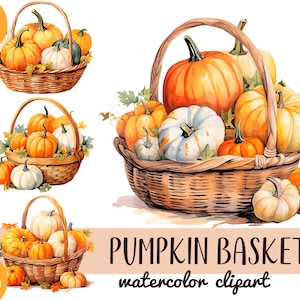 Aquarell Körbe mit Kürbisse Clipart - Weidenkörbe, Komposition mit Kürbisse Illustrationen - Herbst Stillleben - Halloween, Ernte