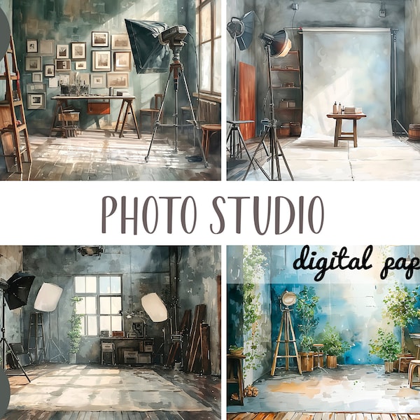 Watercolor photo studio clipart - studio for photo shoots digital paper - photo background, lighting, softbox-illustration for photographers