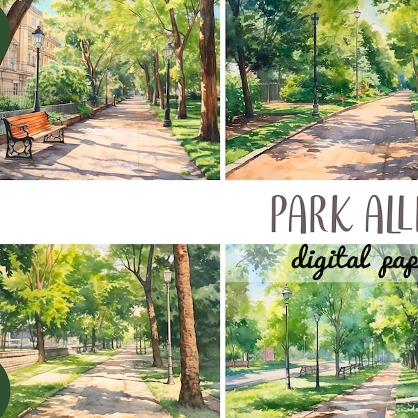 Watercolor alley of the park clipart - green park digital paper - outdoor Illustration- walking along the road - sunny summer landscape JPG