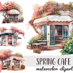 Clipart de café de primavera em aquarela - loja de aquarela digital - ilustração romântica de primavera - cafeteria - restaurante floral PNG - café francês