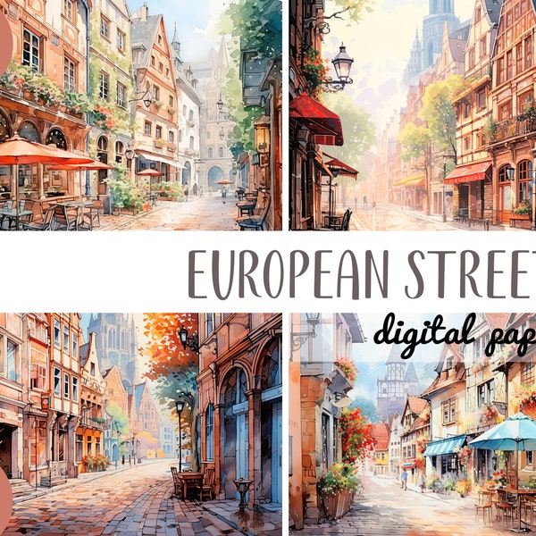 Aquarell gemütliche europäische Straße Clipart - Stadtlandschaft digitales Papier - alte Häuser, enge Gassen, Straßencafé, Altstadt Hintergrund JPG