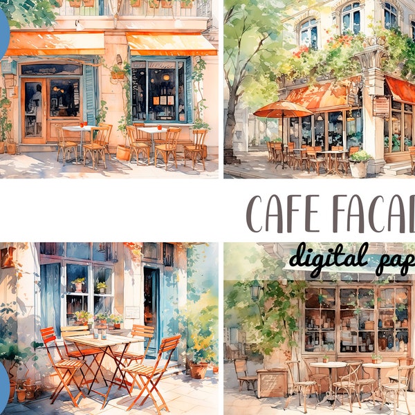 Watercolor facades of cafe clipart - summer cafe digital paper - French coffee shop illustrations - cozy veranda, tables, flowers, cityscape