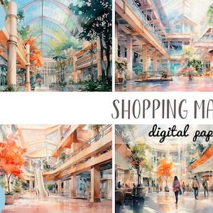 Watercolor shopping center clipart-interior large shopping mall illustrations-stores, relax, weekend shopping, commercial space, supermarket