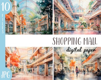Watercolor Shopping Mall Clipart: Commercial Space Illustrations (JPG Files)
