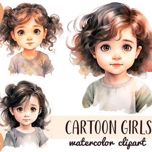 Imágenes prediseñadas de niñas de dibujos animados de acuarela - lindo retrato de niña bebé en papel digital - gráfico PNG de niño divertido - ilustración de libros para niños - pequeña dama