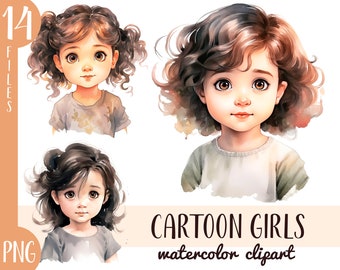 Watercolor Cartoon Girls Clipart: PNG Illustrations (Digital Download)