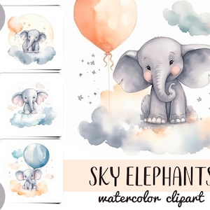 Aquarel schattige olifanten in de wolken clipart - hemelse olifanten sublimatie JPG-zachte illustraties voor kinderen-pastelkleuren-kinderdagverblijf