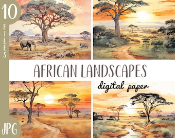 Watercolor african landscape clipart -  savanna digital paper - nature illustrations - Africa sublimation JPG-plains, valley, sunset, baobab