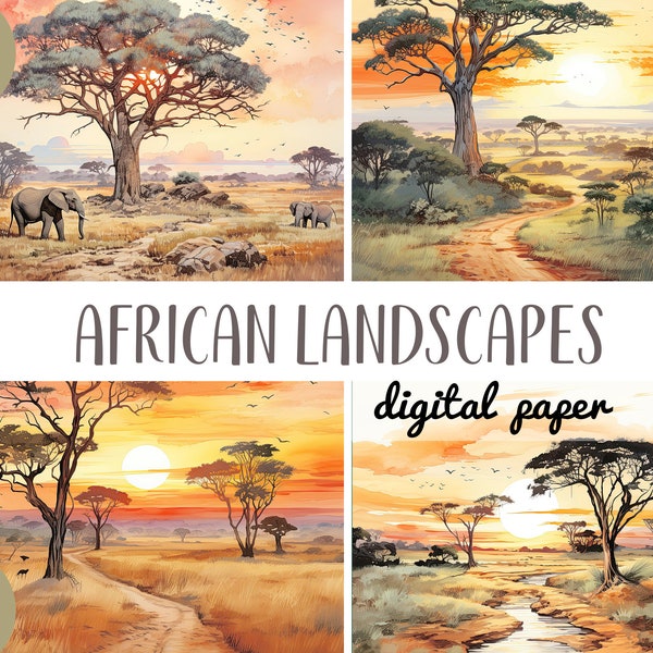 Watercolor african landscape clipart -  savanna digital paper - nature illustrations - Africa sublimation JPG-plains, valley, sunset, baobab