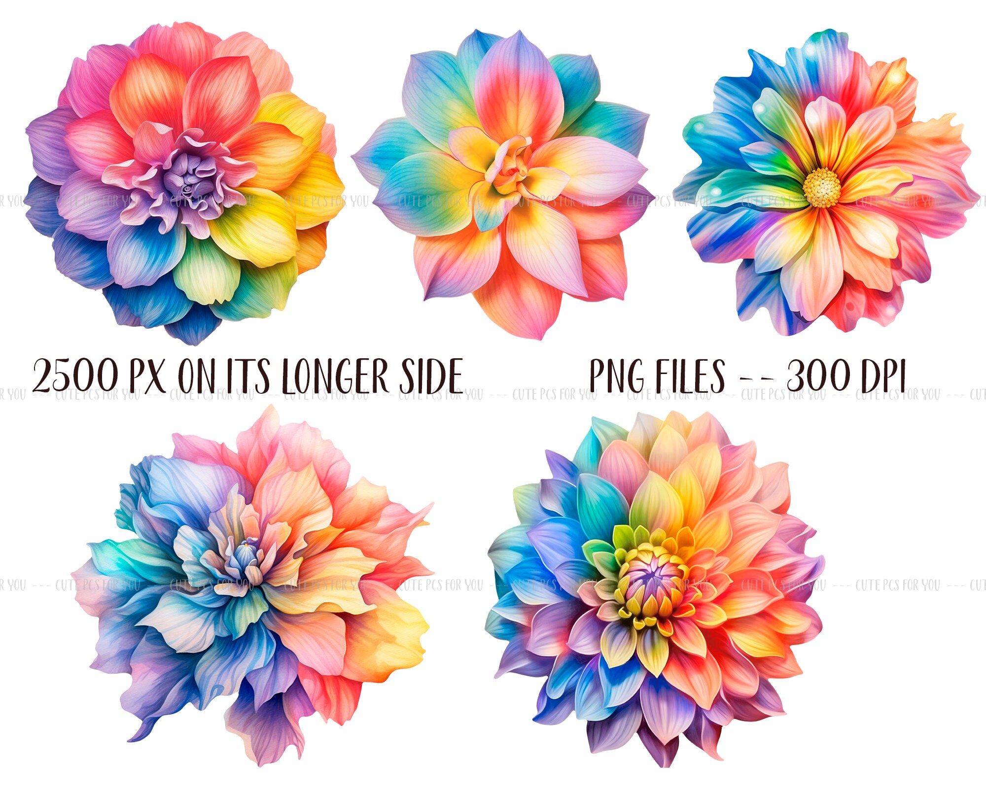 Watercolor Rainbow Flowers Clipart Pastel Rainbow Floral - Etsy