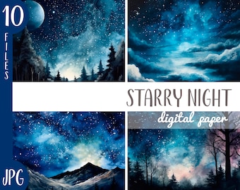 Watercolor starry sky clipart - night stars digital paper - dark blue background JPG - romantic night atmosphere - moonlight-sky with clouds