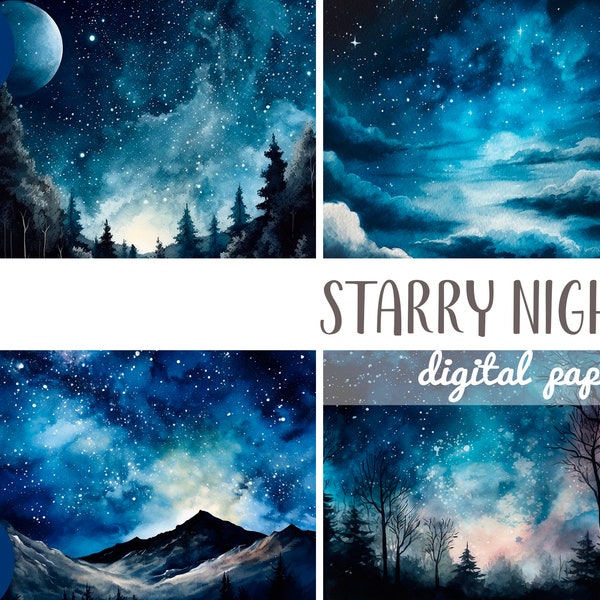Aquarell Sternenhimmel Clipart - Nacht Sterne digitales Papier - dunkelblauer Hintergrund JPG - romantische Nacht Atmosphäre - Mondschein-Himmel mit Wolken