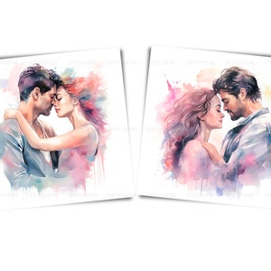 May include: Two watercolor paintings of couples embracing. The paintings are set against a white background with splashes of pink, purple, and blue watercolor.