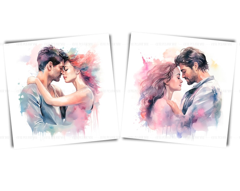 May include: Two watercolor paintings of couples embracing. The paintings are set against a white background with splashes of pink, purple, and blue watercolor.