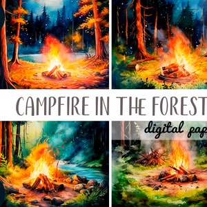 Feu de camp aquarelle dans des cliparts de forêt - camping près du lac - papier numérique de camp - illustrations de la nature - fond de forêt de nuit JPG