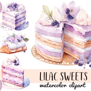 Clipart di dolci lilla acquerellati: Torte viola PNG (download digitale)