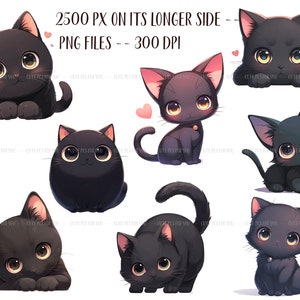 K&ouml;nnte beinhalten: Neun Cartoon-Katzen in Schwarz mit gro&szlig;en Augen und rosa Ohren in verschiedenen Posen. Einige sitzen, andere liegen, und eine befindet sich in einer spielerischen Haltung. Der Text "2500 PX ON ITS LONGER SIDE - PNG FILES - 300 DPI" ist enthalten.