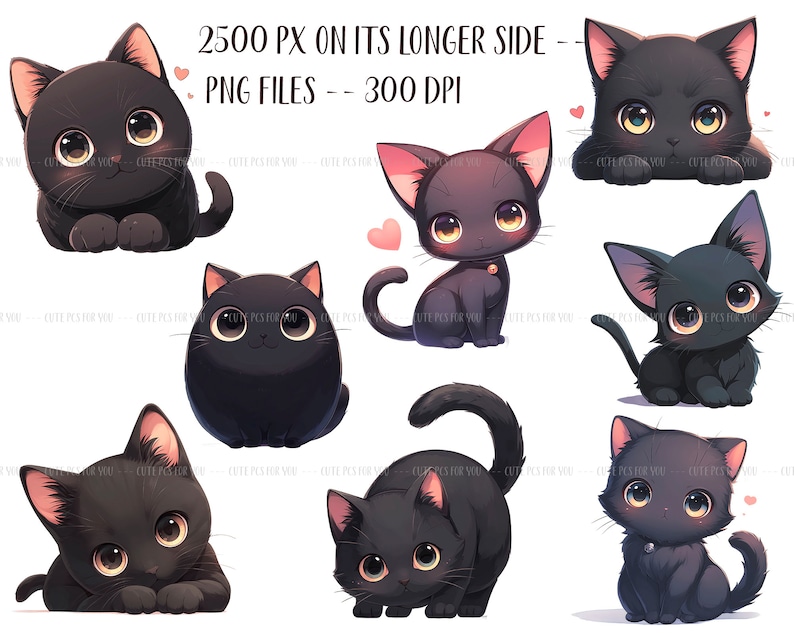 K&ouml;nnte beinhalten: Neun Cartoon-Katzen in Schwarz mit gro&szlig;en Augen und rosa Ohren in verschiedenen Posen. Einige sitzen, andere liegen, und eine befindet sich in einer spielerischen Haltung. Der Text "2500 PX ON ITS LONGER SIDE - PNG FILES - 300 DPI" ist enthalten.