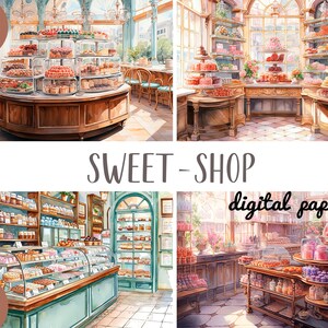 Süßer Laden Clipart - Süßwarenladen digitales Papier - Laden mit lecker Illustration - Bonbons, Lutscher, Marshmallows JPG