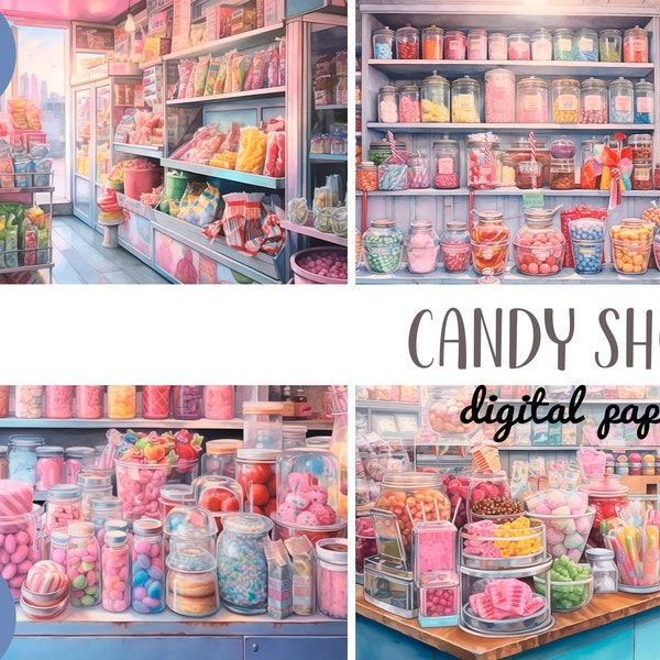 Clipart de magasin de bonbons à l'aquarelle - bonbons roses sur papier numérique d'affichage - boutique avec de délicieuses illustrations - bonbons, sucettes, guimauves JPG