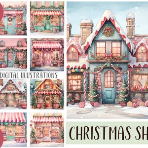 Clipart de toile de fond de boutiques de Noël aquarelle - bonbons, papier numérique de magasin de bonbons - graphique de cadeaux de Noël - vacances d'hiver - cartes de voeux