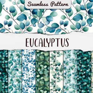 Może przedstawiać: Zestaw 20 cyfrowych wzorów bez szwów z akwarelowymi liśćmi eukaliptusa w odcieniach zieleni i błękitu. Wzory idealnie nadają się do tworzenia tła, papieru do pakowania i innych kreatywnych projektów. Tekst "Eucalyptus" jest napisany na białym banerze u góry obrazu.