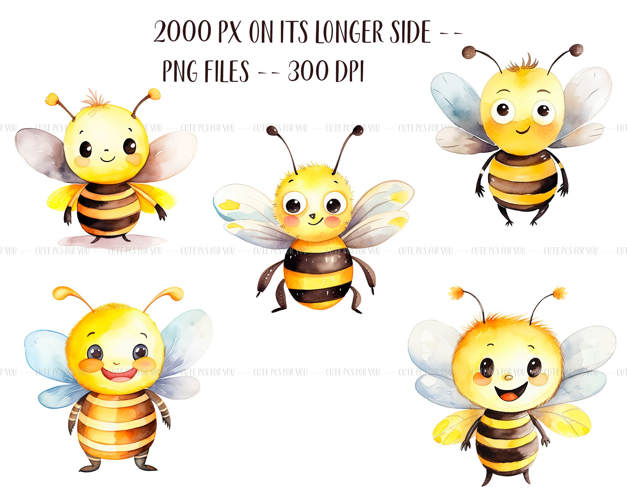 Watercolor Cute Bees Clipart - Cartoon Bee Graphics - Children's ...