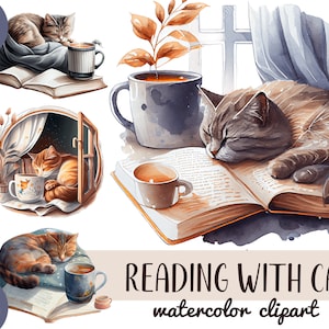 Lecture à l'aquarelle avec clipart de chat - chats endormis mignons - livres et une tasse de thé chaud PNG - illustrations de coin lecture confortable - pour les amoureux des chats