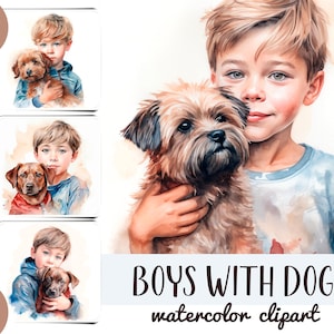 Aquarel jongens met puppy's clipart - schattige jongen met een hond sublimatie - portret met een huisdier digitaal papier - liefdeshonden JPG - kind en puppy
