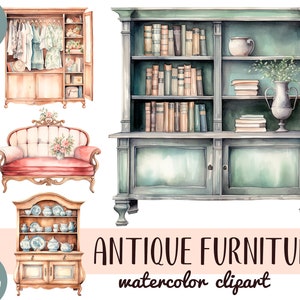 Puede incluir: Conjunto de clipart de acuarela de muebles antiguos, que incluye una librería con libros, un armario con estantes, un sofá, un armario y una vitrina. Los muebles están pintados en tonos de verde, marrón y blanco.