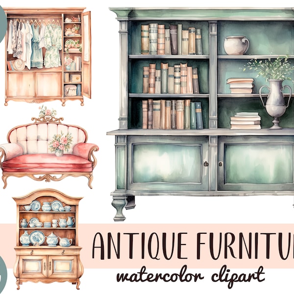 Watercolor antique furniture clipart - vintage cabinets, chairs, bookcases, sofas, sideboard illustration PNG- old furniture sublimation