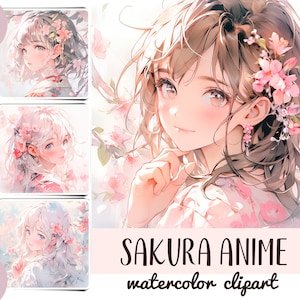 Aquarell Sakura Mädchen Anime Clipart - japanische Kirsche digitales Papier - zarte Illustrationen im japanischen Stil - süße Blumen Anime Mädchen