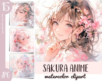 Akvarell Sakura Anime Flicka Clipart: Japansk Körsbärsblomma (Digital Nedladdning)
