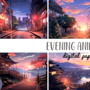 Clipart de fundos de anime - papel digital japonês de paisagens urbanas noturnas e noturnas - Tóquio, montanha, estrada - estilo de desenho animado de anime natureza JPG
