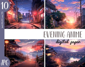 Anime Hintergründe Clipart - Japanische Abend- und Nachtstadtbilder digitales Papier - Tokyo, Berg, Straße - Anime Cartoon Stil Natur JPG
