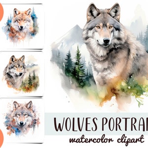 Aquarel wolven met natuur clipart - bosdieren digitaal papier - wolf illustratie - natuursublimatie - junk journal