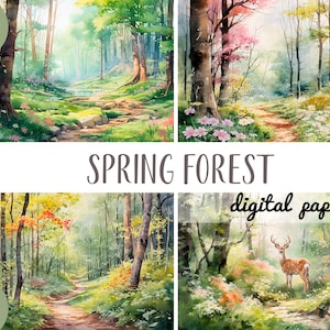 Clipart forêt printanière aquarelle - papier numérique bois - fond vert JPG - sublimation parc, bois, arbres, soleil nature - arbres en fleurs