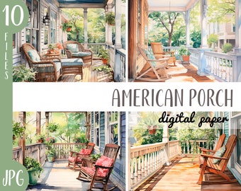 Imágenes prediseñadas de porche americano en acuarela: ilustraciones de terrazas de verano (descarga digital)