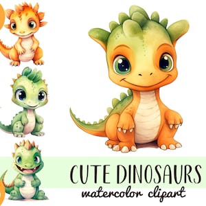 Watercolor cute dinosaurs clipart - funny cartoon characters PNG - green dino digital art - illustration for children-dino party sublimation