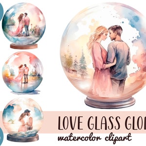 Clipart de globo de vidro romântico em aquarela - bola de vidro com casais apaixonados - lembrança romântica - gráficos de casal de amantes do dia dos namorados