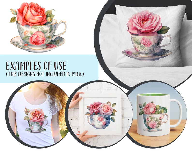 Watercolor vintage cups with roses retro tea mugs PNG-vintage roses pastel colors delicate illustrations antique flower arrangements image 9