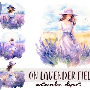 Watercolor girl on lavender field clipart - woman with lavender digital paper - purple backgrounds - Provence sublimation - lavender jpg